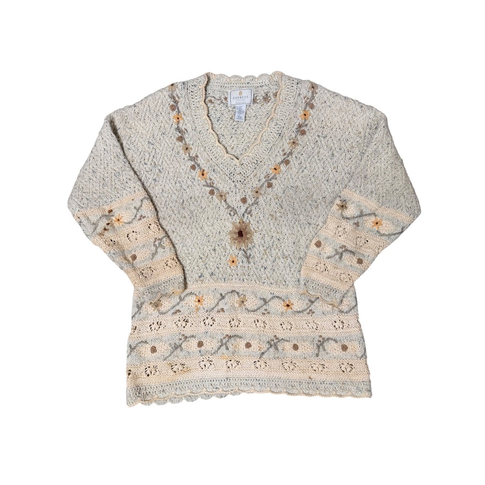 Express Tricot Vintage Hand Knitted Floral Embroidered Sweater Ramie Cotton L